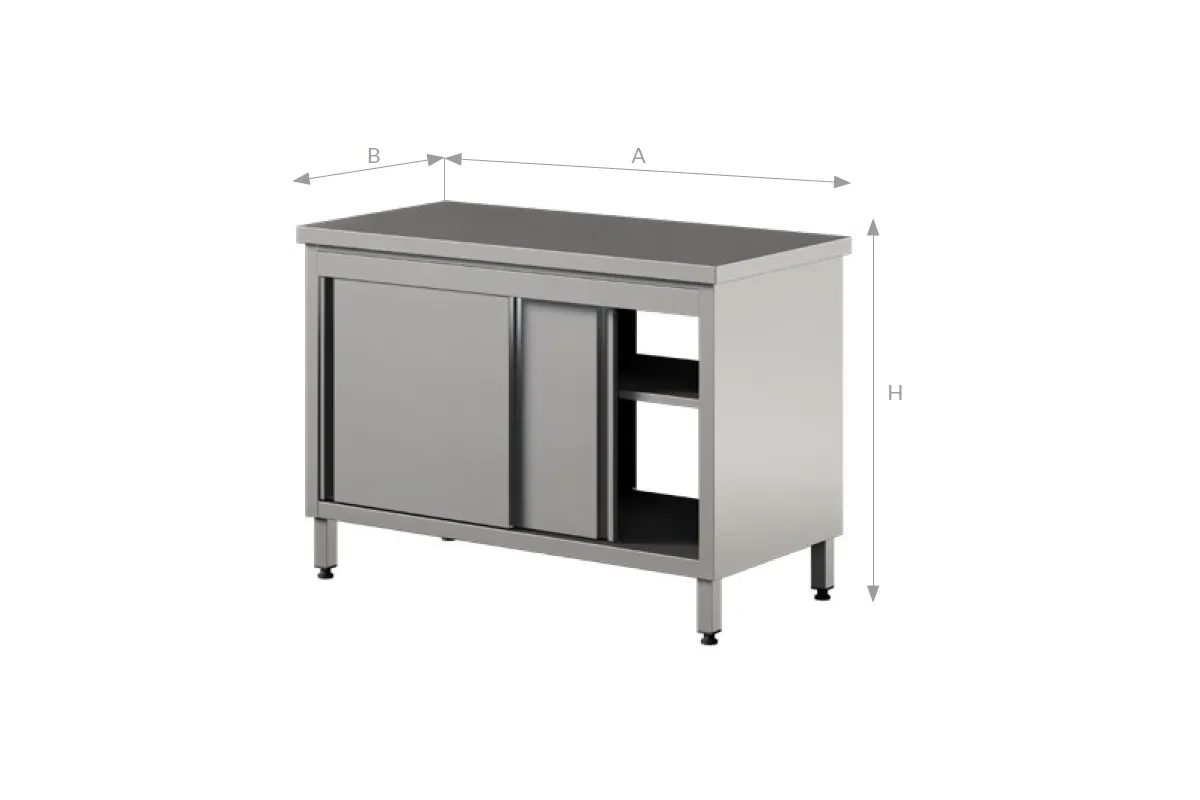 Stół przelotowy do pracy z szafką i drzwiami suwanymi, ze stali nierdzewnej Edenox WM-PL 4SD