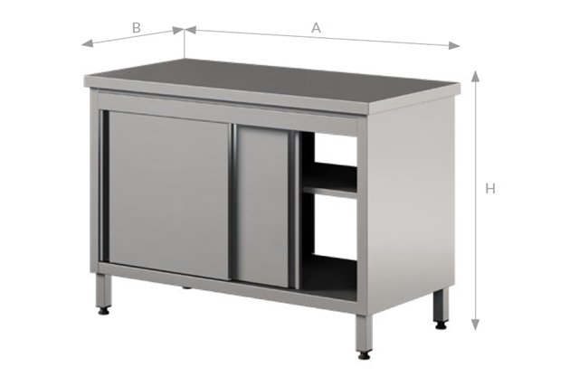 Stół przelotowy do pracy z szafką i drzwiami suwanymi, ze stali nierdzewnej Edenox WM-PL 4SD