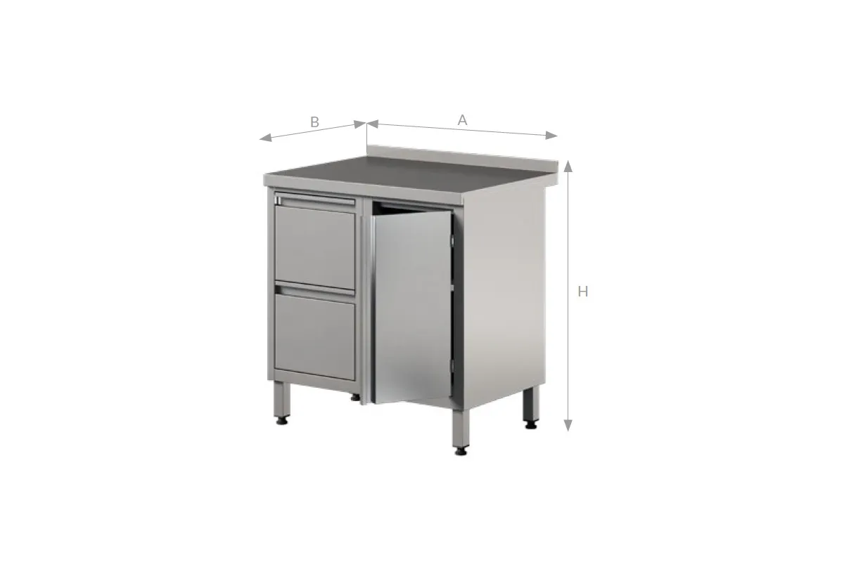 Stół z szafką z drzwiami skrzydłowymi i szufladami, ze stali nierdzewnej Edenox WM-PL HD 2DR