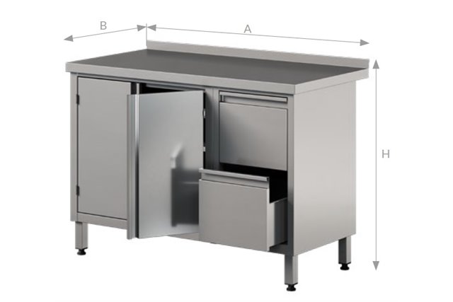 Stół z szafką z podwójnymi drzwiami skrzydłowymi i 2 szufladami, ze stali nierdzewnej Edenox WM-PL 2HD 2DR