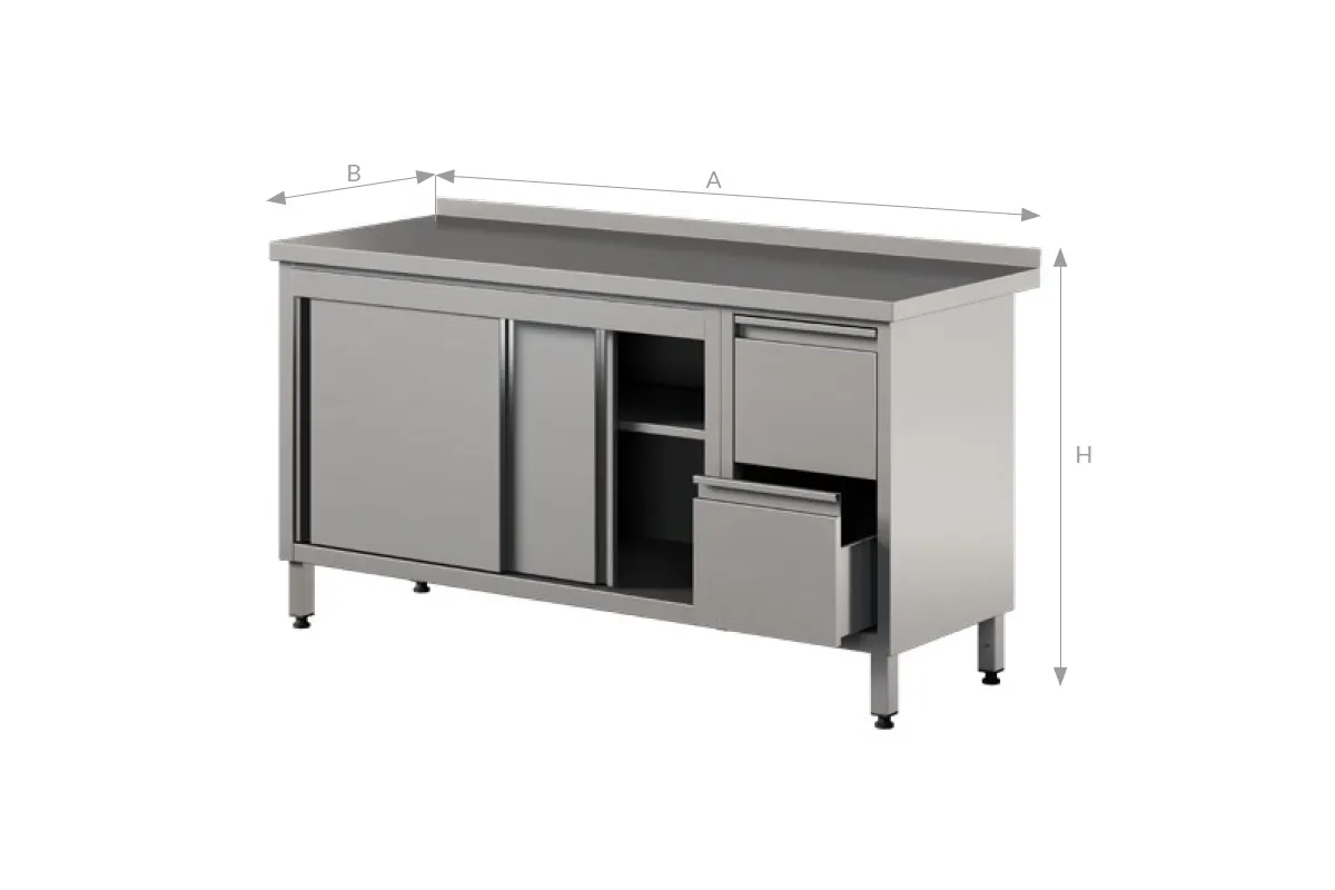 Stół z szafką z drzwiami suwanymi i szufladami, ze stali nierdzewnej Edenox WM-PL 2SD 2DR