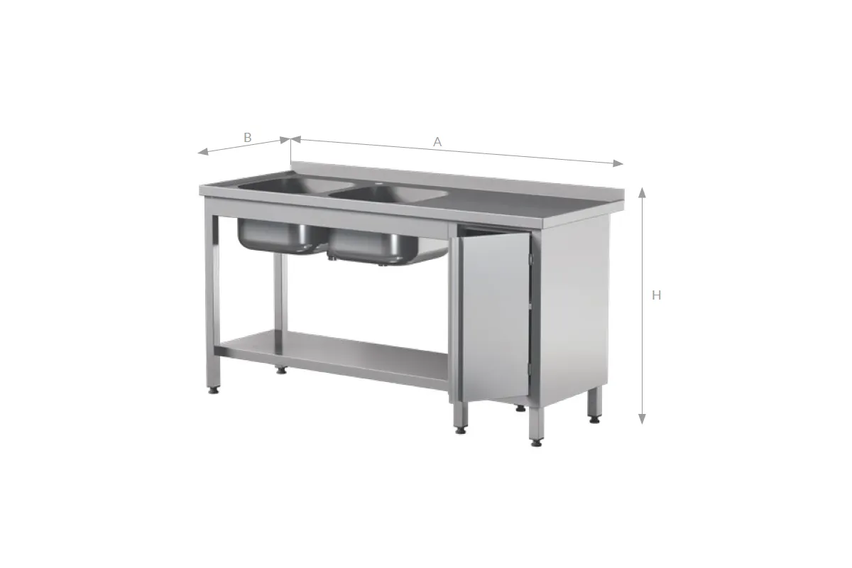 Stół z 2 zlewami, drzwiami skrzydłowymi i półką, ze stali nierdzewnej, Edenox STW-2PL L HD S