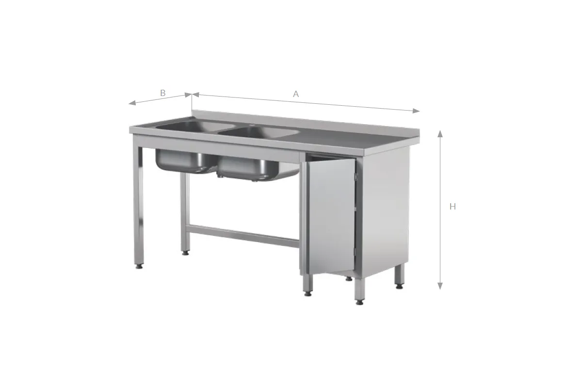 Stół z 2 zlewami i drzwiami skrzydłowymi, ze stali nierdzewnej, Edenox STW-2PL L HD