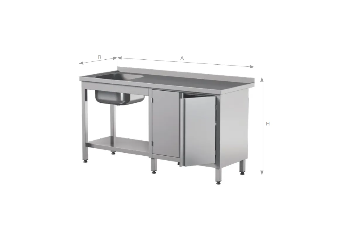 Stół ze zlewem z drzwiami skrzydłowymi i półką, ze stali nierdzewnej, Edenox STW-1PL L HD S