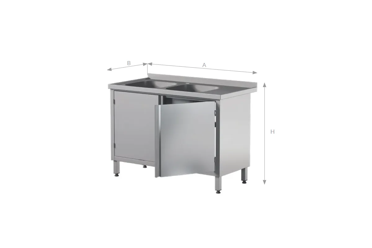Stół z 2 zlewami i szafką z drzwiami skrzydłowymi-dwudrzwiowe, ze stali nierdzewnej, Edenox STW-2PL L 2HD C