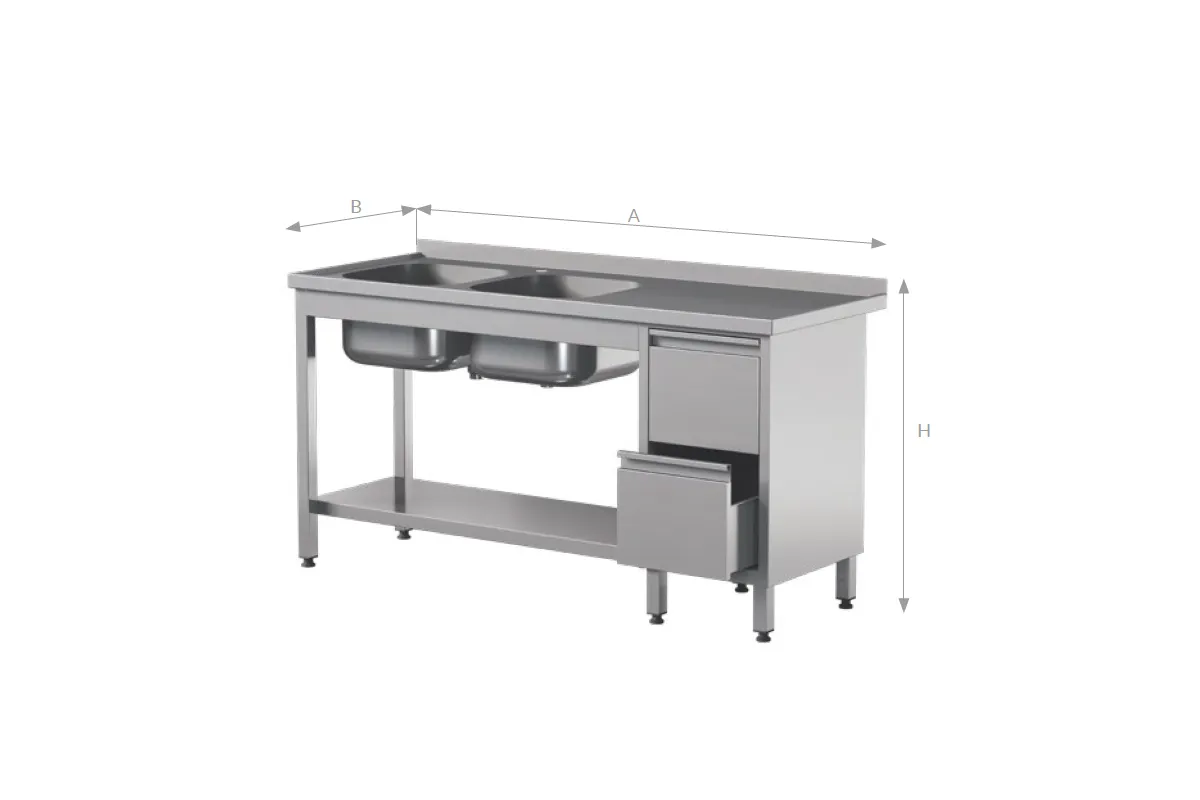 Stół z 2 zlewami, szufladami i półką, ze stali nierdzewnej, Edenox STW-2PL L 2DR S 