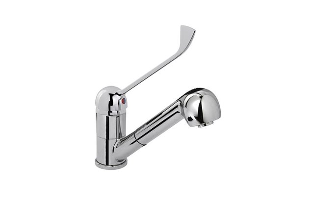 ONE HOLE MIXER TAP WITH CHROMED CLINICAL LEVER, SWINGING SPOUT AND EXTRACTABLE SHOWER
