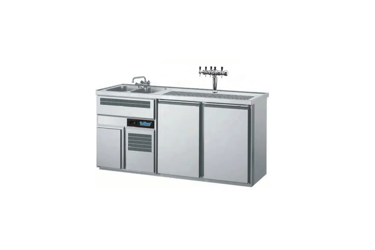 Barowy stół chłodniczy z centralnym chłodzeniem,ze zlewami i komorą instalacyjną z prawej  strony  AGTO722R81