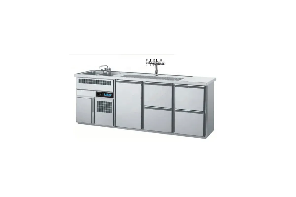 Barowy stół chłodniczy z własnym chłodzeniem blat ze zlewami i komorą agregatu z lewej strony AGTM732L81-1/2/2