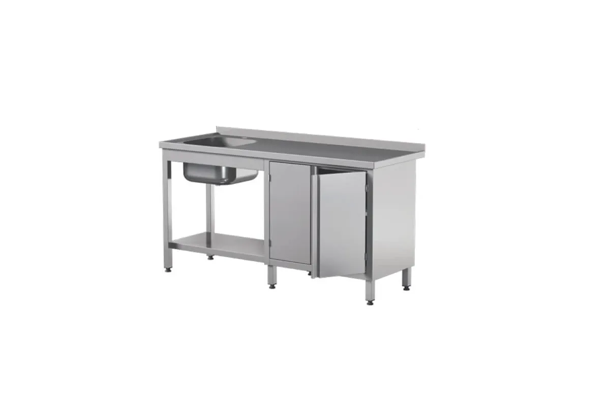 Stół ze zlewem z podwójnymi  drzwiami skrzydłowymi i półką, ze stali nierdzewnej, Edenox STW-1PL L 2HD S