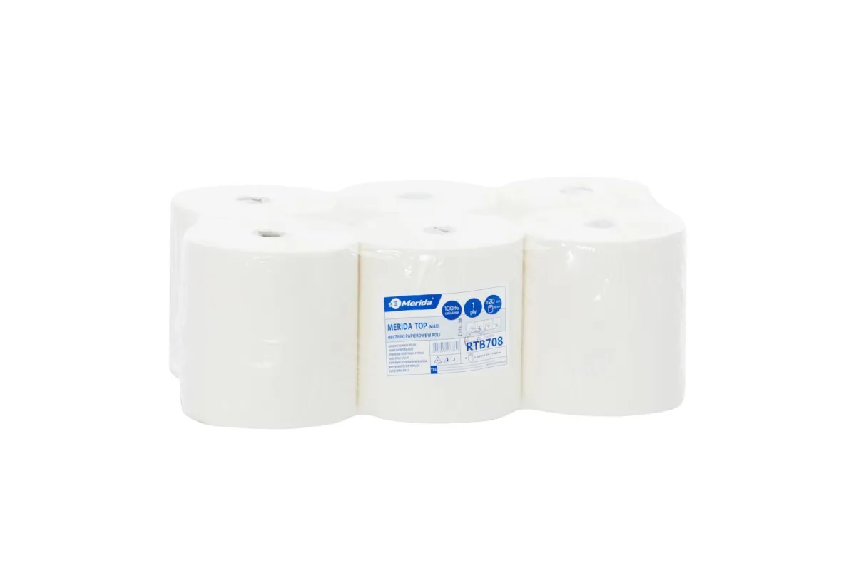 Ręczniki w roli MERIDA TOP CENTER PULL MAXI, białe, jednowarstwowe, długość 320 m, opakowanie 6 rolek Merida RTB708