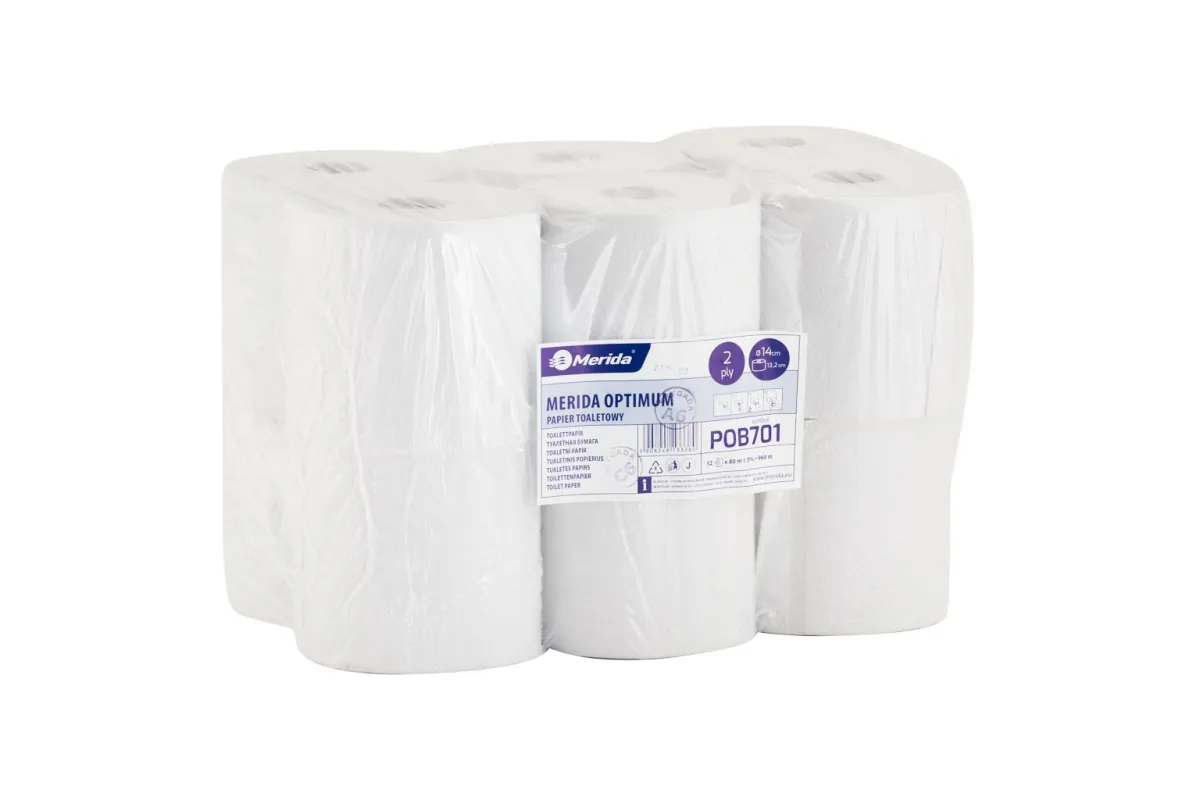 Papier toaletowy MERIDA OPTIMUM, biały, 14 cm, opakowanie 12 szt.,  śr. 14 cm, dł. 80 m, 2 - warstwowy Merida POB701