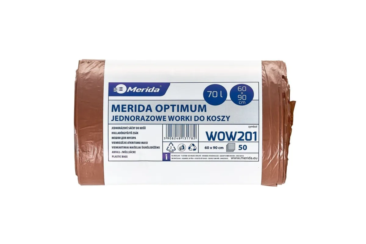 Jednorazowe worki na śmieci MERIDA OPTIMUM, 60 x 90 cm, pojemność 70 l, rolka 50 szt., BRĄZOWE Merida WOW201