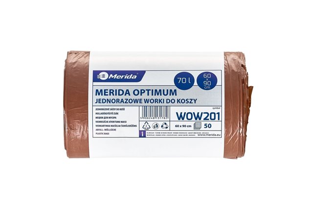 Jednorazowe worki na śmieci MERIDA OPTIMUM, 60 x 90 cm, pojemność 70 l, rolka 50 szt., BRĄZOWE Merida WOW201