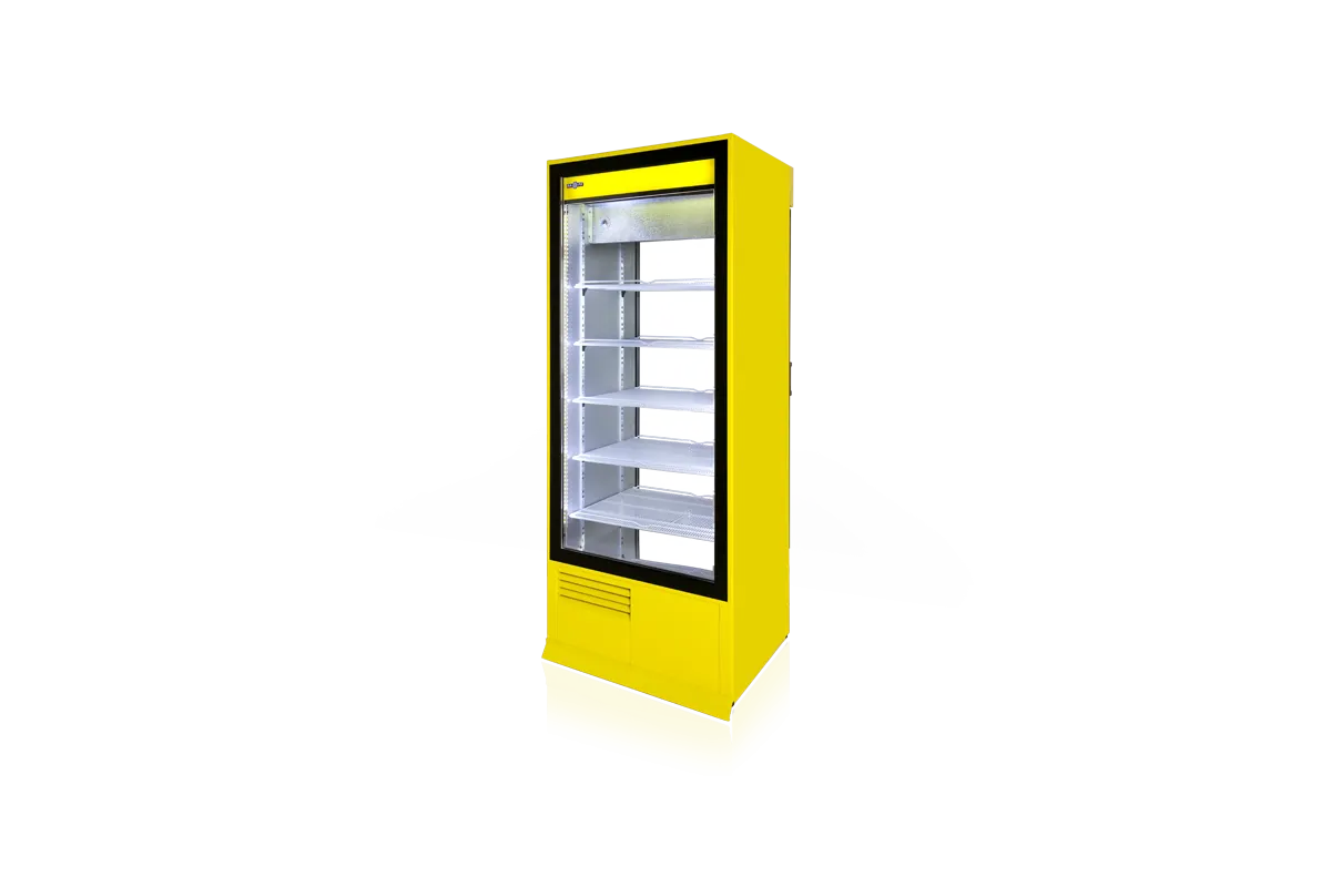 Szafa chłodnicza, dwustronnie przeszklona z szybą stałą od strony klienta, oświetlenie LED oraz z osłoną stopek, typ 4 klasa kl
