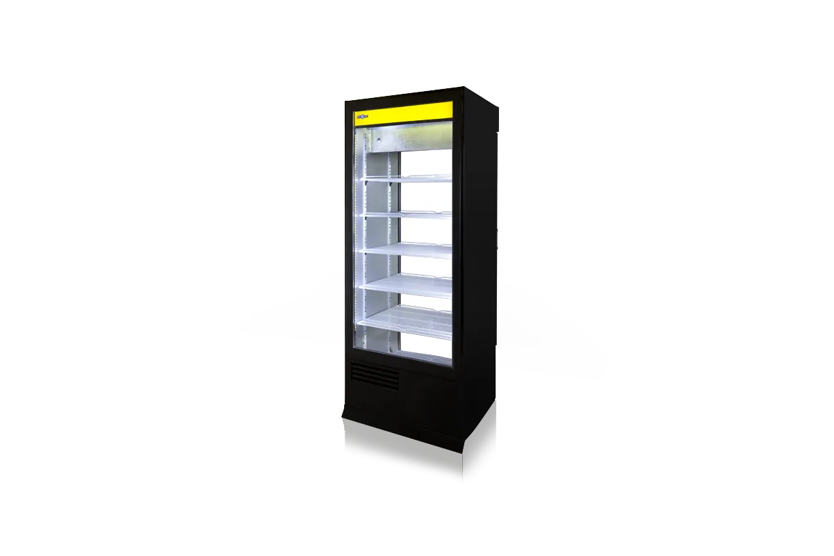 Szafa chłodnicza, dwustronnie przeszklona z szybą stałą od strony klienta, oświetlenie LED oraz z osłoną stopek, typ 4 klasa kl