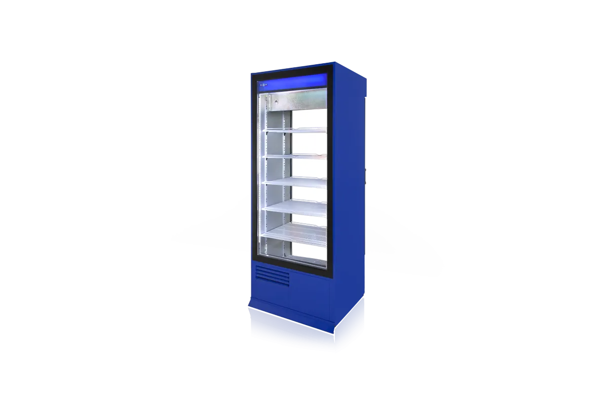 Szafa chłodnicza, dwustronnie przeszklona z szybą stałą od strony klienta, oświetlenie LED oraz z osłoną stopek, typ 4 klasa kl