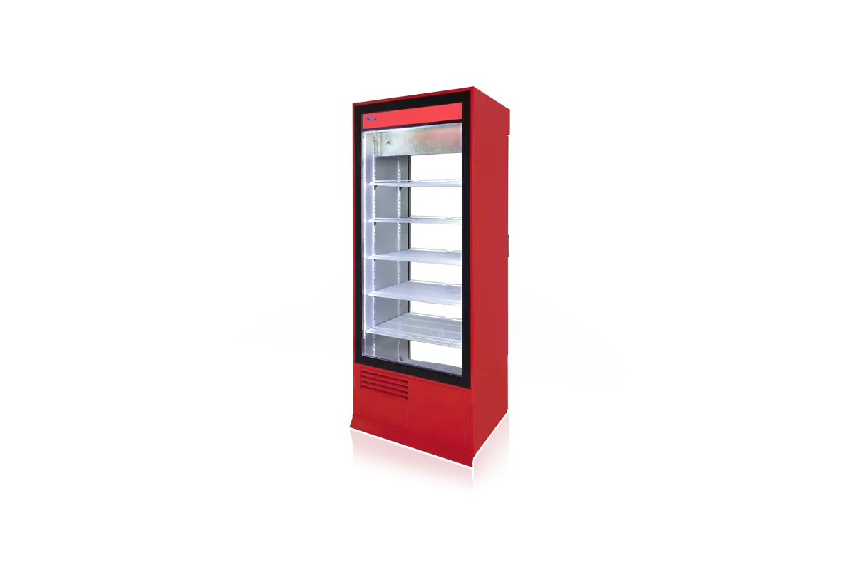 Szafa chłodnicza, dwustronnie przeszklona z szybą stałą od strony klienta, oświetlenie LED oraz z osłoną stopek, typ 4 klasa kl
