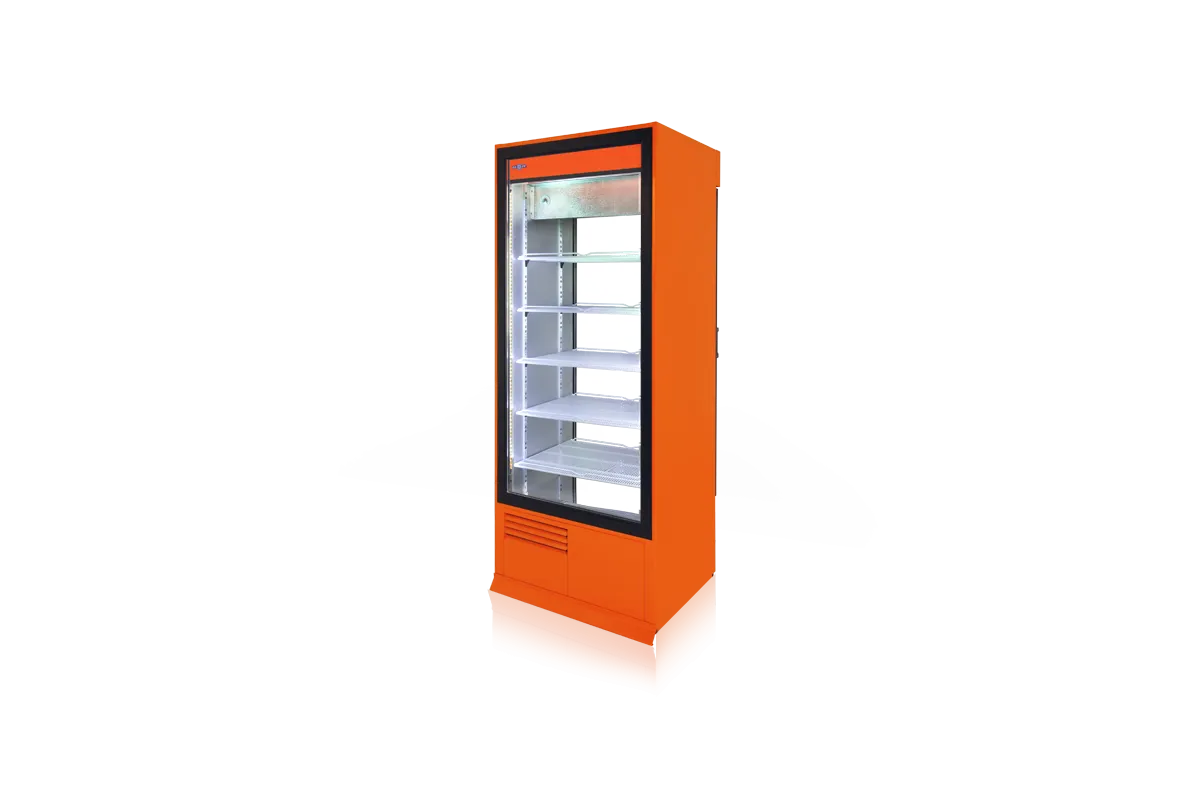 Szafa chłodnicza, dwustronnie przeszklona z szybą stałą od strony klienta, oświetlenie LED oraz z osłoną stopek, typ 4 klasa kl