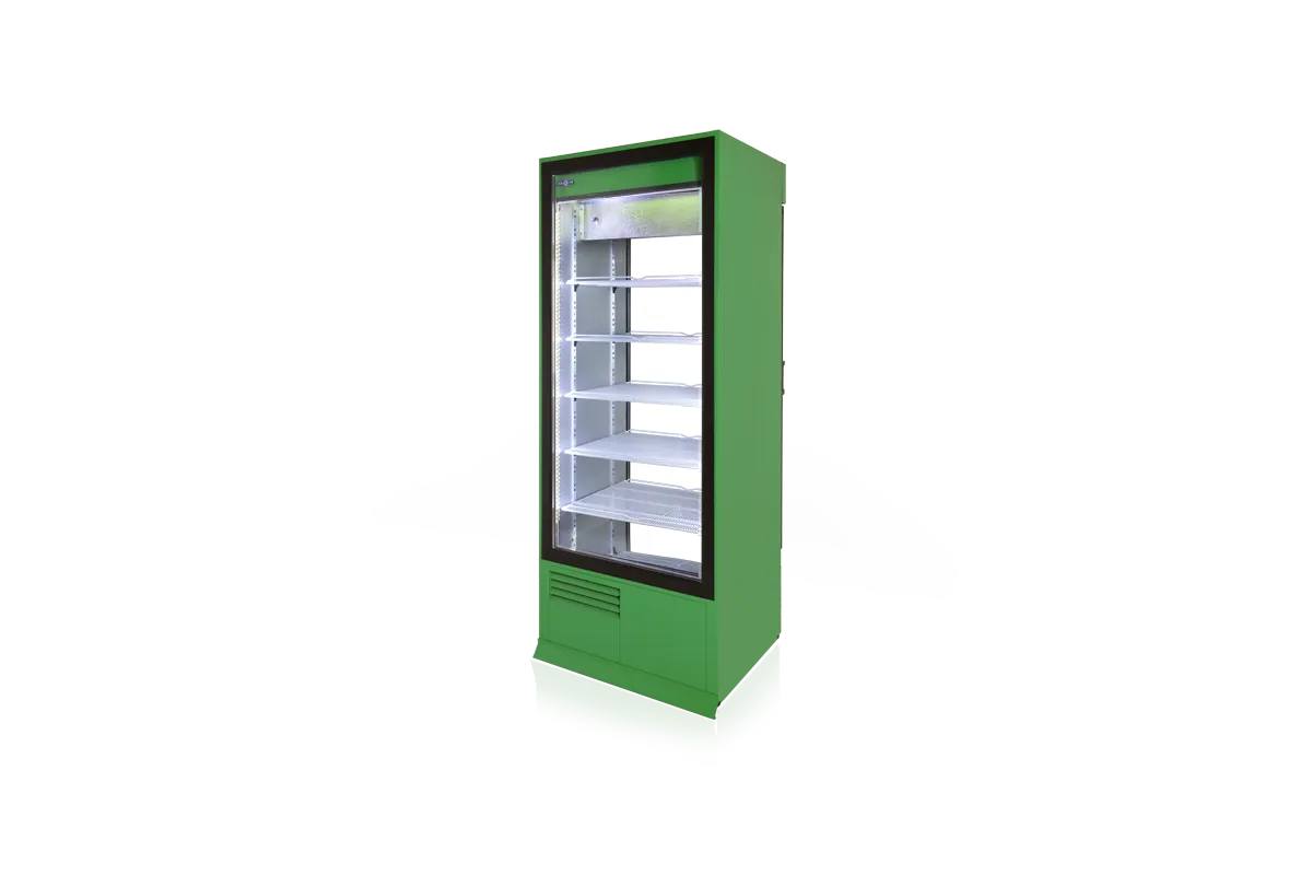 Szafa chłodnicza, dwustronnie przeszklona z szybą stałą od strony klienta, oświetlenie LED oraz z osłoną stopek, typ 4 klasa kl