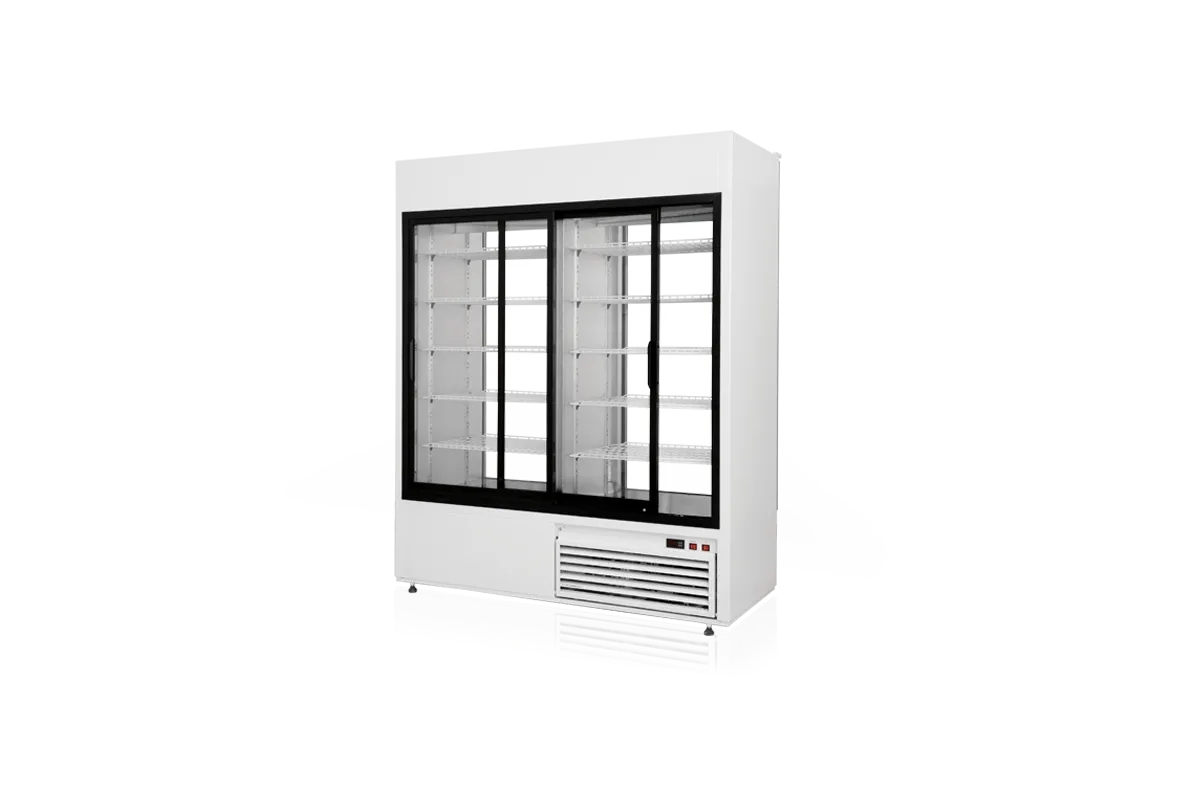 Szafa chłodnicza dwustronnie przeszklona, przesuwne drzwi od strony obsługi, typ 4 klasa klimatyczna, model SCH-2SR1200/4KL/1DAD