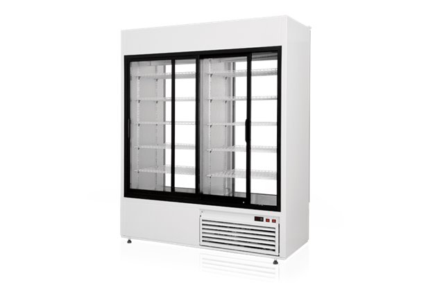 Szafa chłodnicza dwustronnie przeszklona, przesuwne drzwi od strony obsługi, typ 4 klasa klimatyczna, model SCH-2SR1200/4KL/1DAD