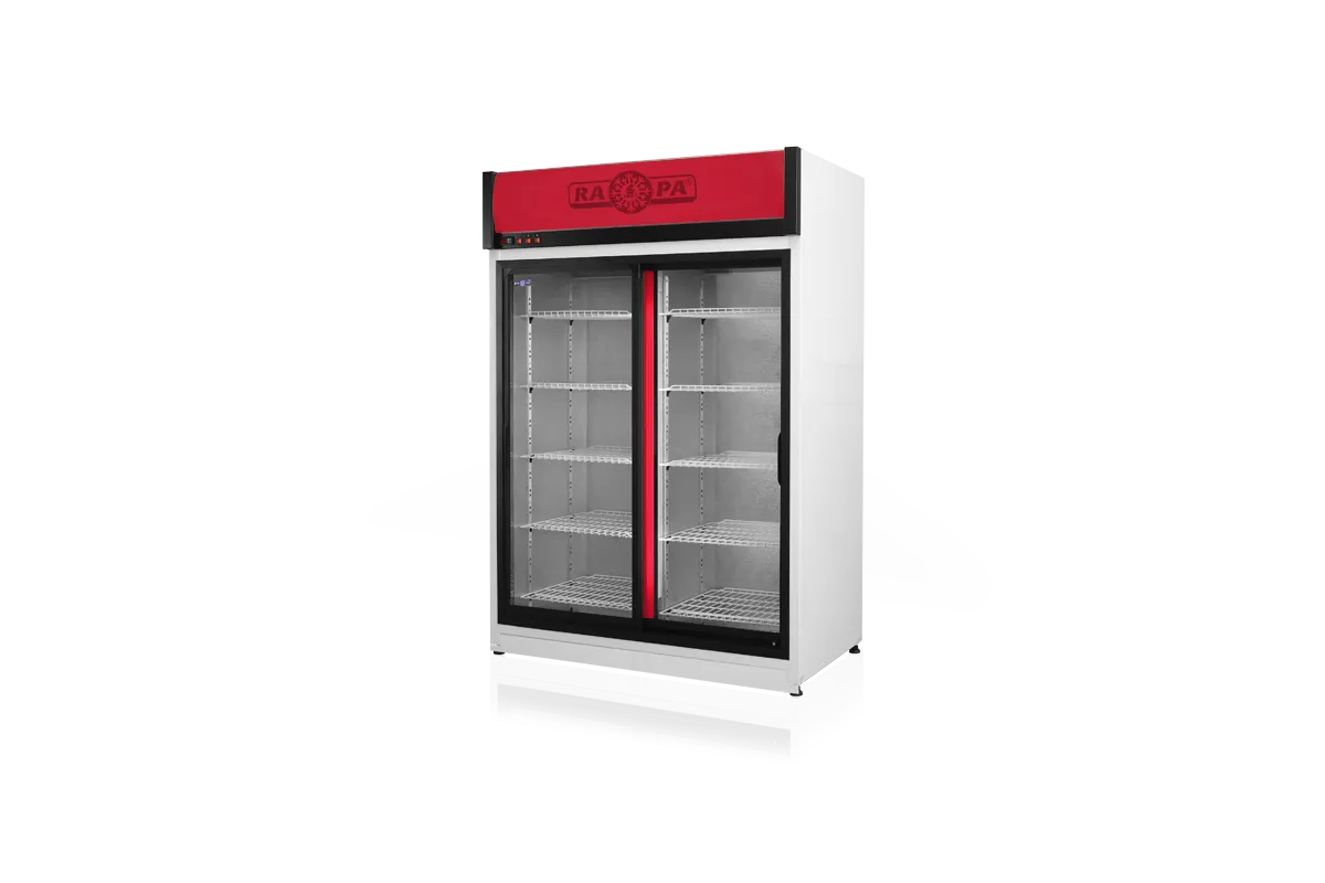 Szafa chłodnicza dwustronnie przeszklona, przesuwne drzwi od strony obsługi, typ AG 3 klasa klimatyczna, model SCH-2SR1200/AG3K