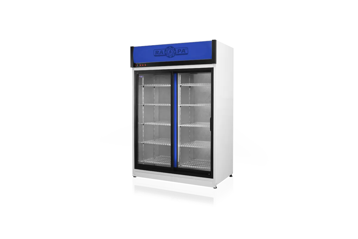 Szafa chłodnicza dwustronnie przeszklona, przesuwne drzwi od strony obsługi, typ AG 3 klasa klimatyczna, model SCH-2SR1200/AG3K