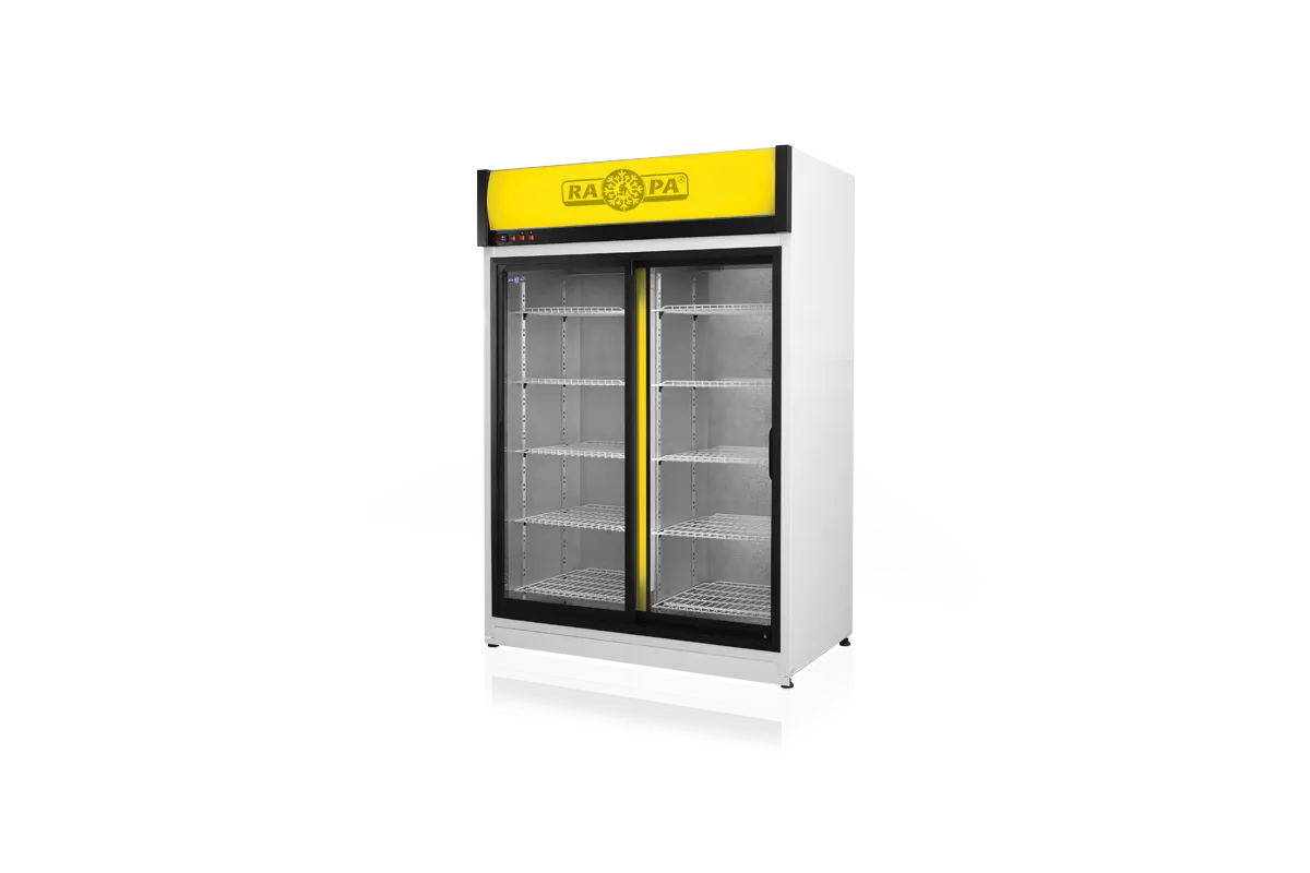 Szafa chłodnicza dwustronnie przeszklona, przesuwne drzwi od strony obsługi, typ AG 4 klasa klimatyczna, model SCH-2SR1600/1D/AG