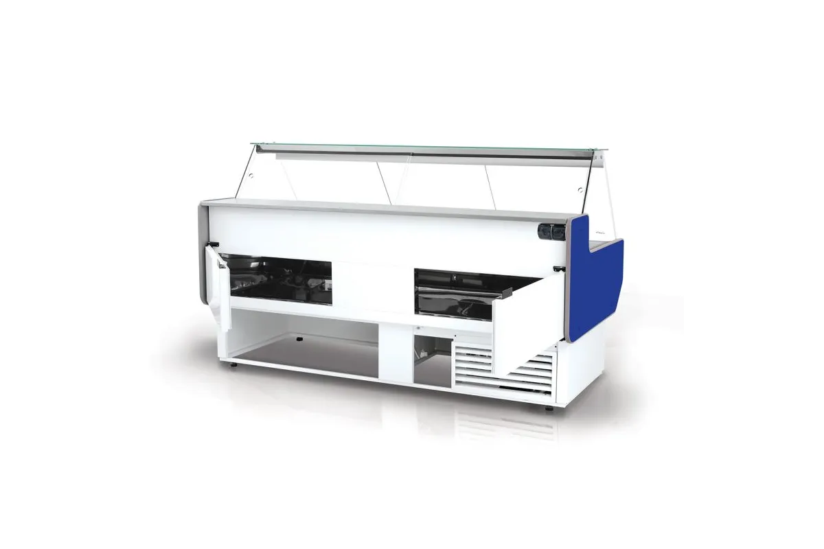 Lada chłodnicza z szybą prostą, nierdzewnym blatem oraz bokami z PS-HIPS, model RAPA L-A1/152/82