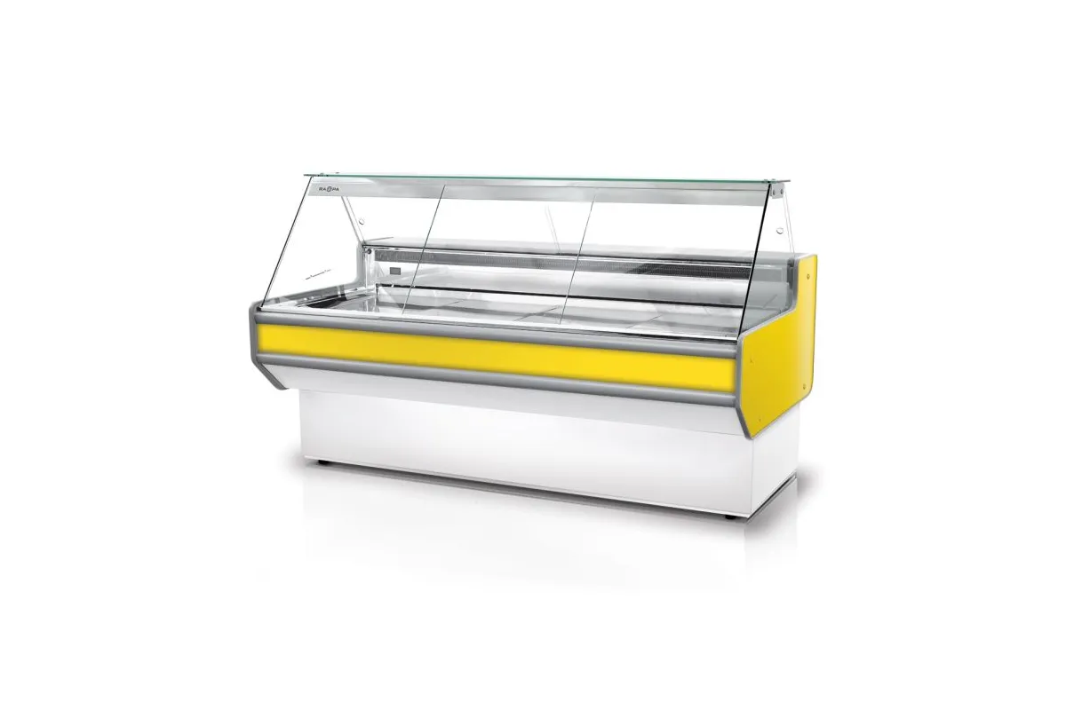 Lada chłodnicza z szybą prostą, nierdzewnym blatem oraz bokami z PS-HIPS, model RAPA L-A1/152/90