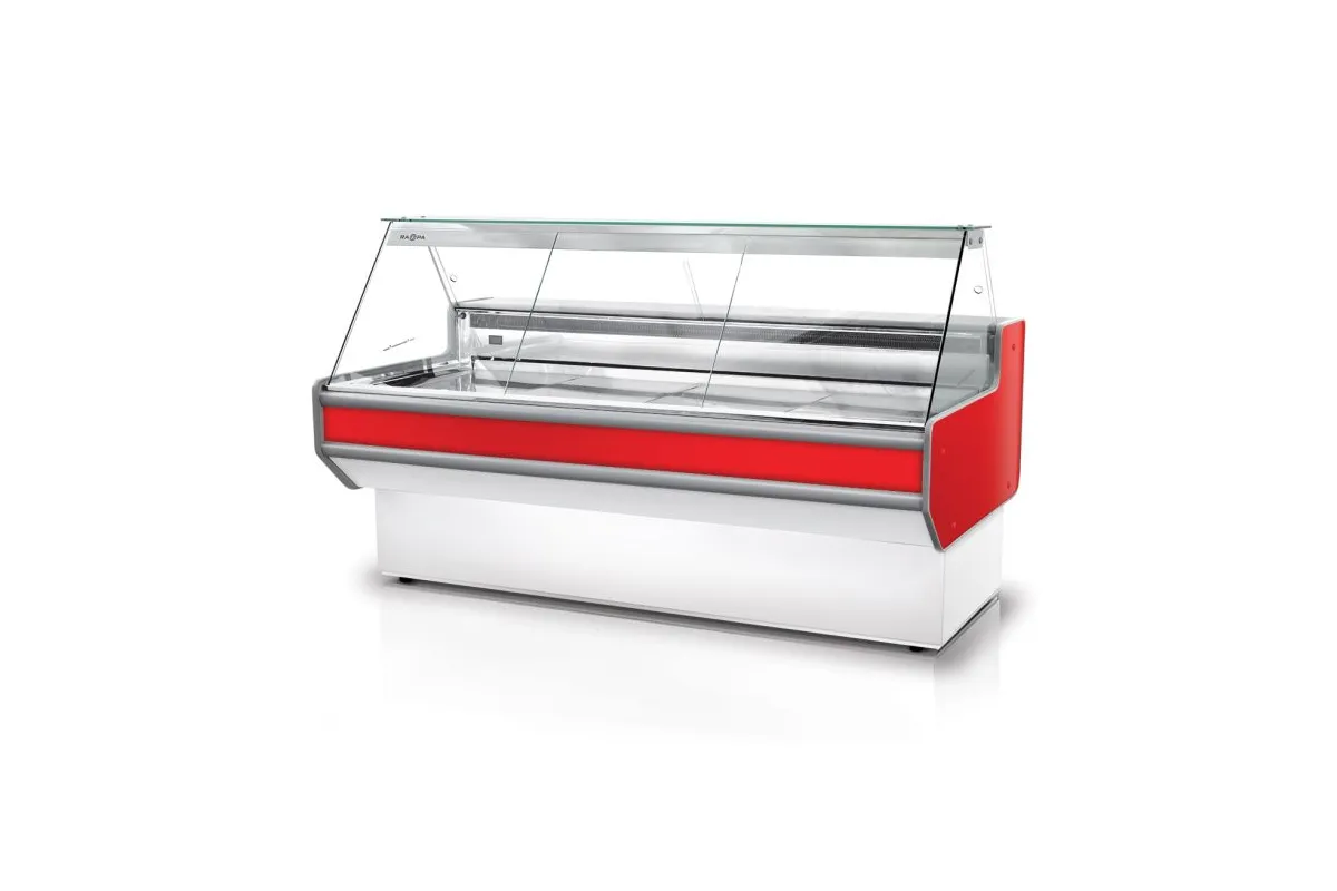 Lada chłodnicza z szybą prostą, nierdzewnym blatem oraz bokami z PS-HIPS, model RAPA L-A1/201/82