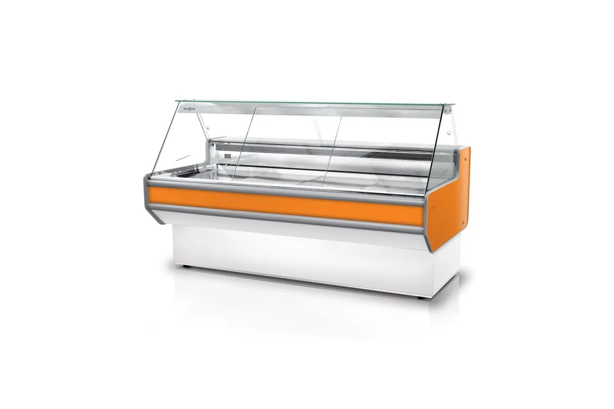 Lada chłodnicza z szybą prostą, nierdzewnym blatem oraz bokami z PS-HIPS, model RAPA L-A1/179/107