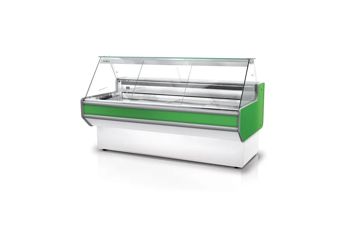 Lada chłodnicza z szybą prostą, nierdzewnym blatem oraz bokami z PS-HIPS, model RAPA L-A1/201/90