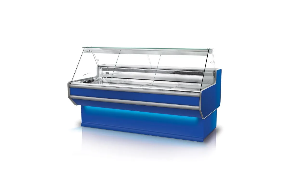 Lada chłodnicza szyba prosta, blat nierdzewny, bokami PS-HIPS, osłona stopek, LED, korpus kolorowy RAPA L-A2/152/90