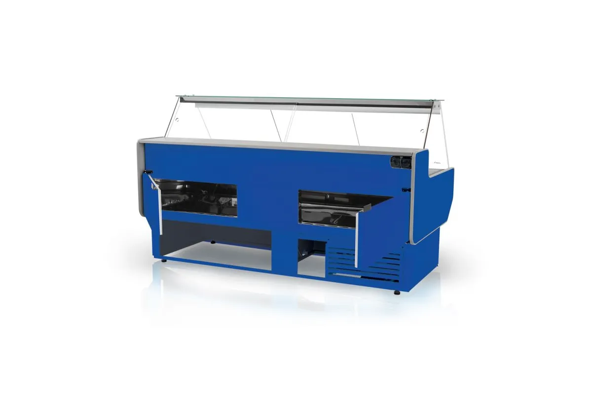 Lada chłodnicza szyba prosta, blat nierdzewny, bokami PS-HIPS, osłona stopek, LED, korpus kolorowy RAPA L-A2/137/82