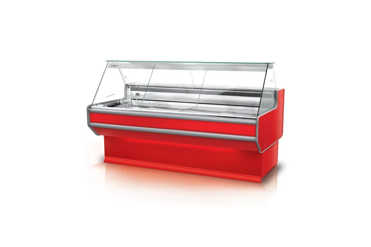 Lada chłodnicza szyba prosta, blat nierdzewny, bokami PS-HIPS, osłona stopek, LED, korpus kolorowy RAPA L-A2/201/107