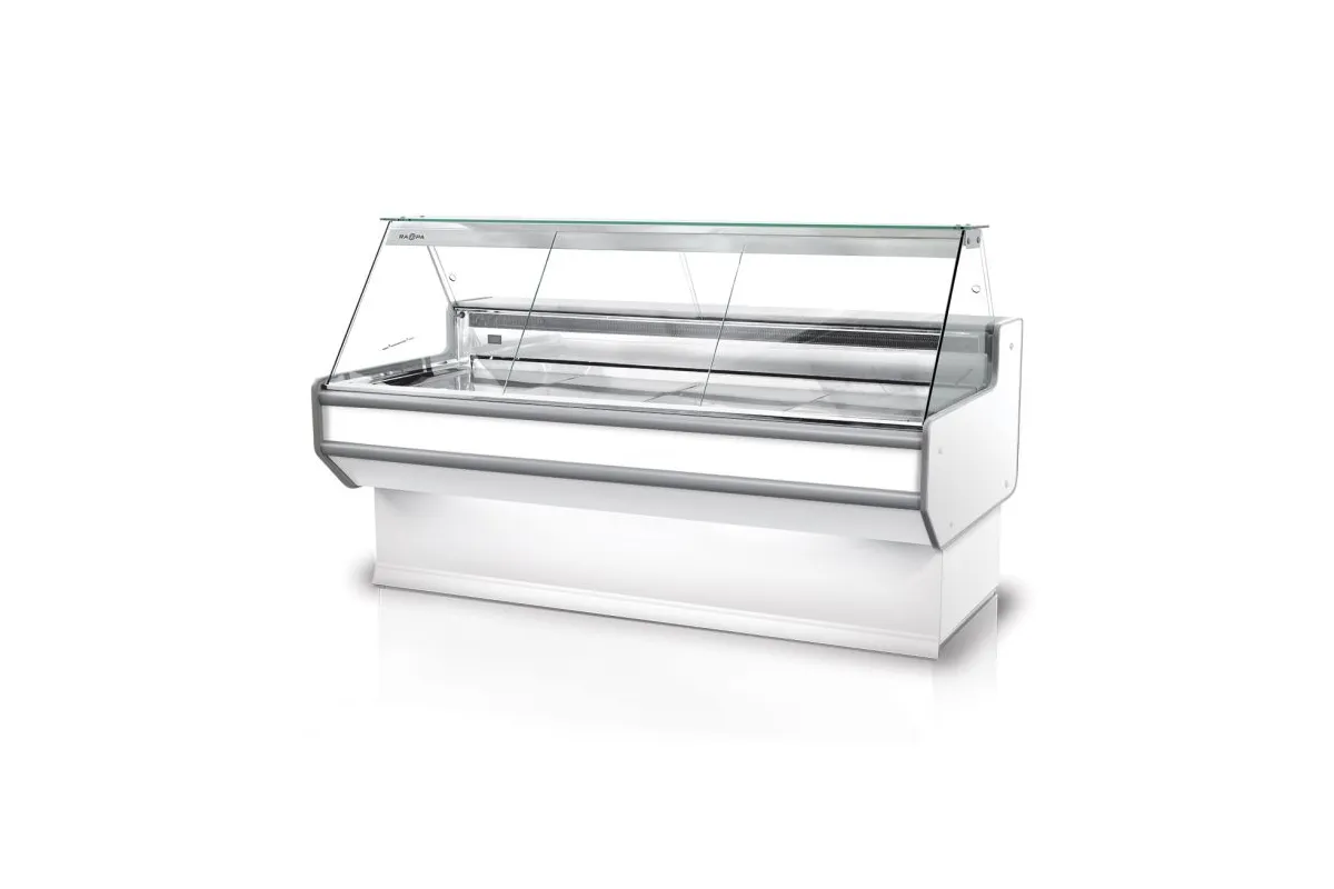 Lada chłodnicza szyba prosta, blat nierdzewny, bokami PS-HIPS, osłona stopek, LED, korpus kolorowy RAPA L-A2/201/90