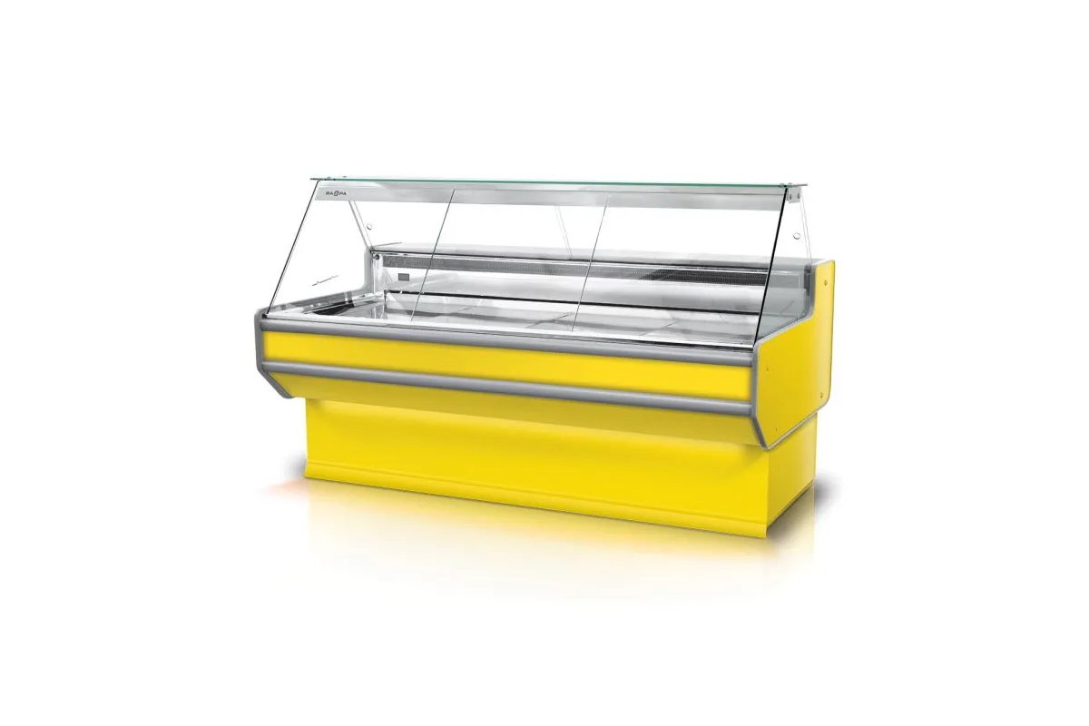 Lada chłodnicza szyba prosta, blat nierdzewny, bokami PS-HIPS, osłona stopek, LED, korpus kolorowy RAPA L-A2/201/82