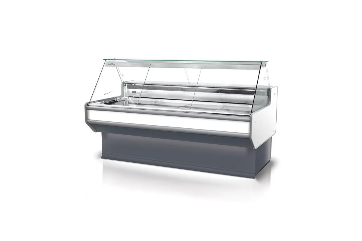 Lada chłodnicza szyba prosta, blat nierdzewny, bokami PS-HIPS, osłona stopek, LED, korpus kolorowy RAPA L-A2/137/107