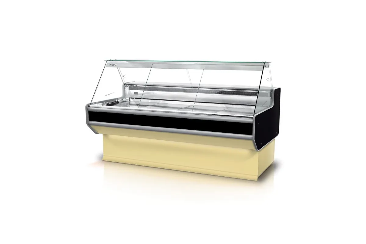 Lada chłodnicza szyba prosta, blat nierdzewny, bokami PS-HIPS, osłona stopek, LED, korpus kolorowy RAPA L-A2/137/90