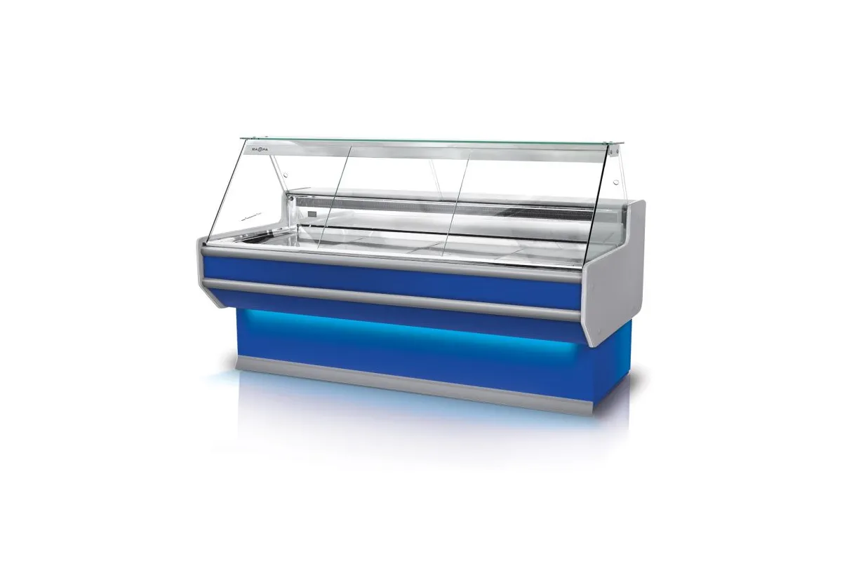 Lada chłodnicza, szyba prosta, blat nierdzewny, boki PS-HIPS, osłona stopek, LED RAPA L-A3/179/107