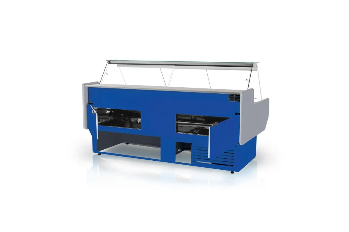 Lada chłodnicza, szyba prosta, blat nierdzewny, boki PS-HIPS, osłona stopek, LED RAPA L-A3/179/107