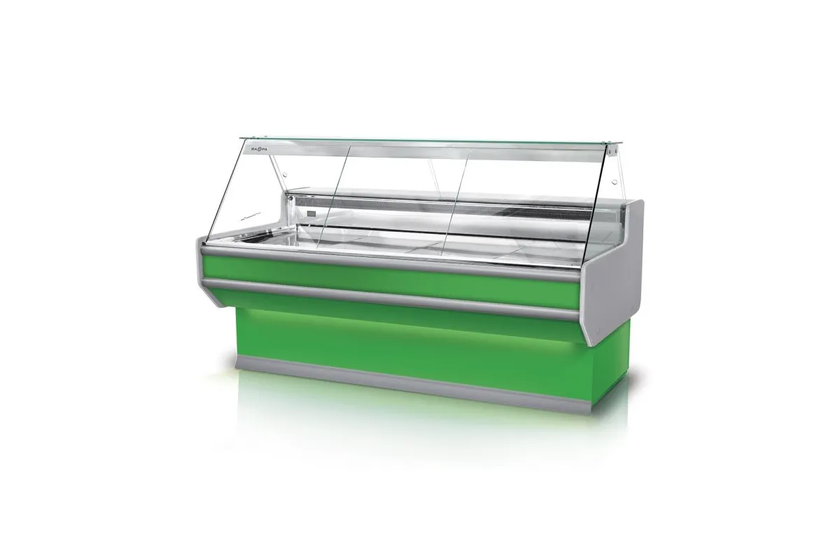 Lada chłodnicza, szyba prosta, blat nierdzewny, boki PS-HIPS, osłona stopek, LED RAPA L-A3/122/107