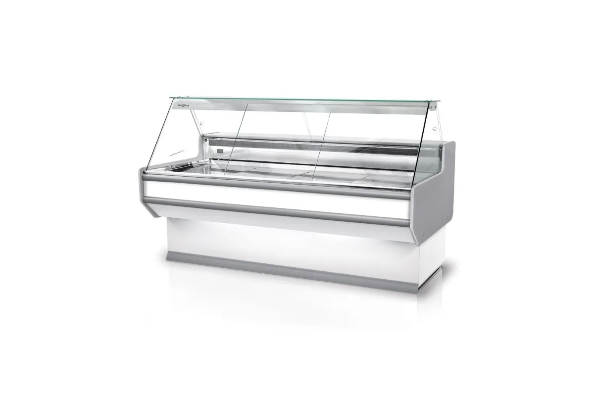 Lada chłodnicza, szyba prosta, blat nierdzewny, boki PS-HIPS, osłona stopek, LED RAPA L-A3/137/107