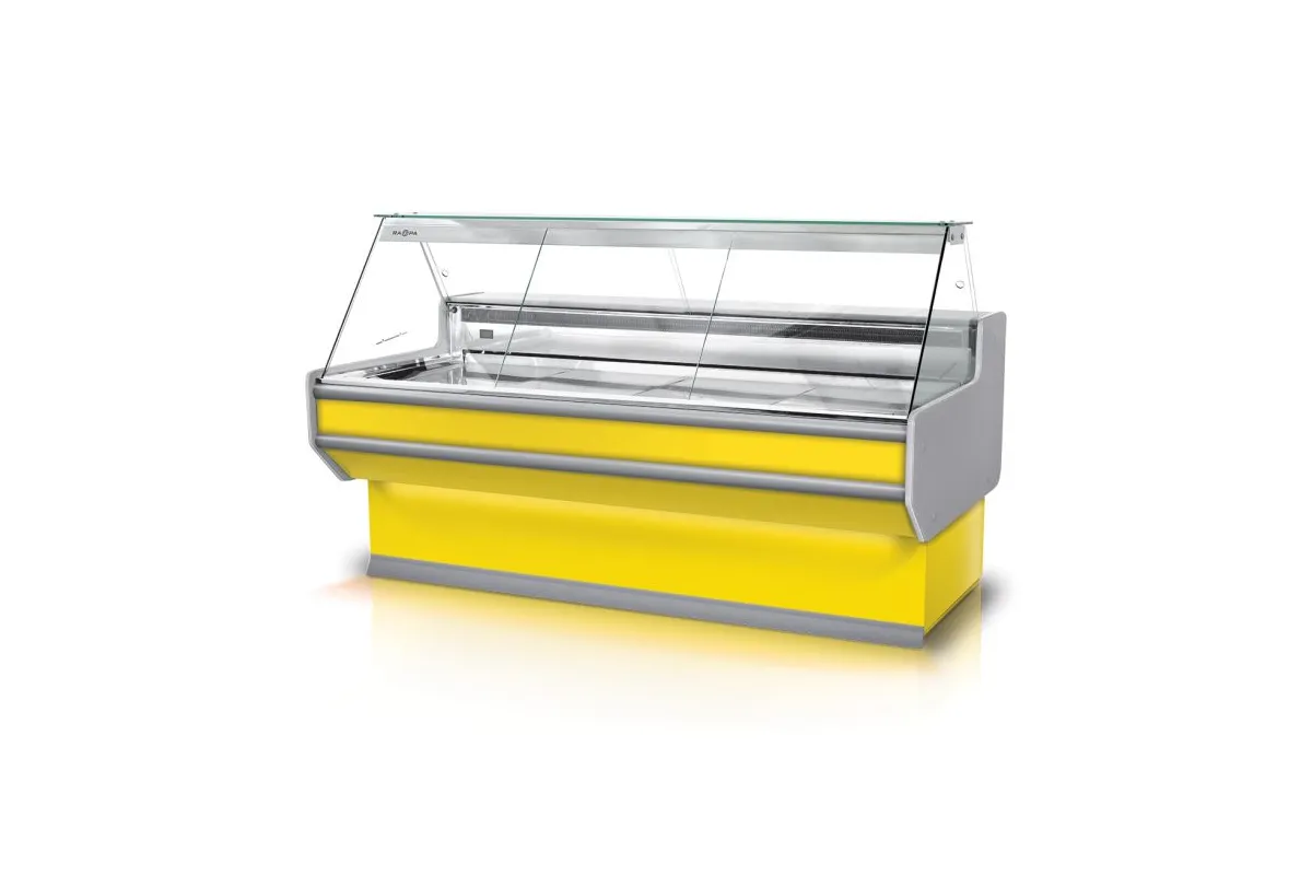 Lada chłodnicza, szyba prosta, blat nierdzewny, boki PS-HIPS, osłona stopek, LED RAPA L-A3/179/107