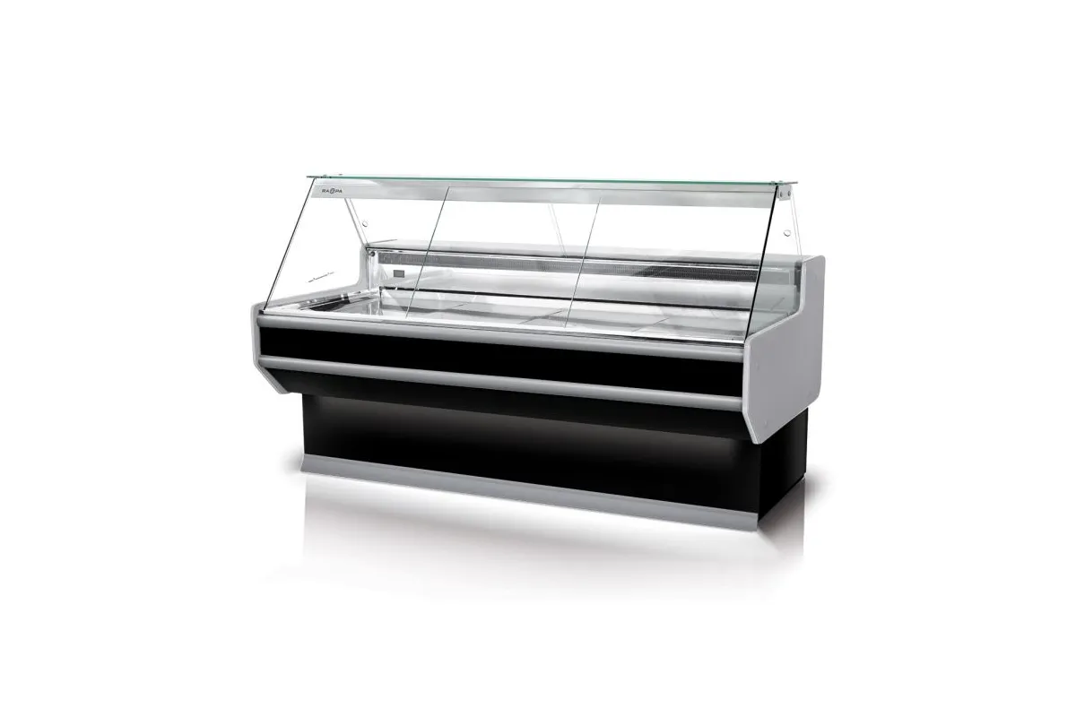 Lada chłodnicza, szyba prosta, blat nierdzewny, boki PS-HIPS, osłona stopek, LED RAPA L-A3/179/107