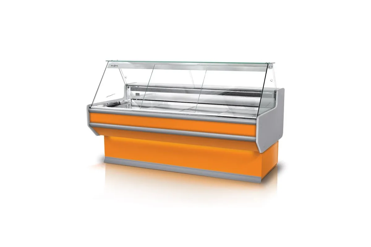 Lada chłodnicza, szyba prosta, blat nierdzewny, boki PS-HIPS, osłona stopek, LED RAPA L-A3/201/107