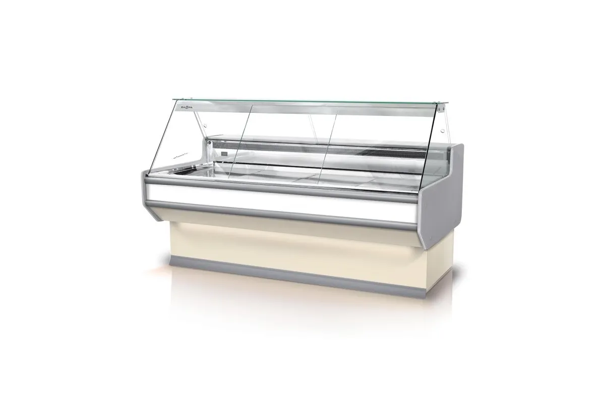 Lada chłodnicza, szyba prosta, blat nierdzewny, boki PS-HIPS, osłona stopek, LED RAPA L-A3/179/107