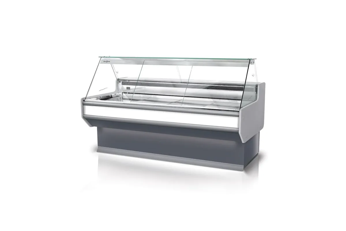 Lada chłodnicza, szyba prosta, blat nierdzewny, boki PS-HIPS, osłona stopek, LED RAPA L-A3/179/107